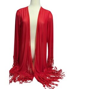 Aria Red Fringe Open-Front Tunic Cardigan